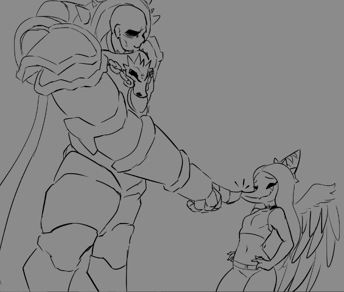 anthro armor ather_os bald boop cape clothed clothing crossover dinosaur duo eyes_closed fang_(gvh) feathered_wings feathers female goodbye_volcano_high hair human long_hair long_snout male mammal midriff monochrome navel nose_boop pterodactylus pterosaur reptile scalie size_difference snoot_game_(fan_game) snout space_marine video_games warhammer_(franchise) warhammer_40000 wings
