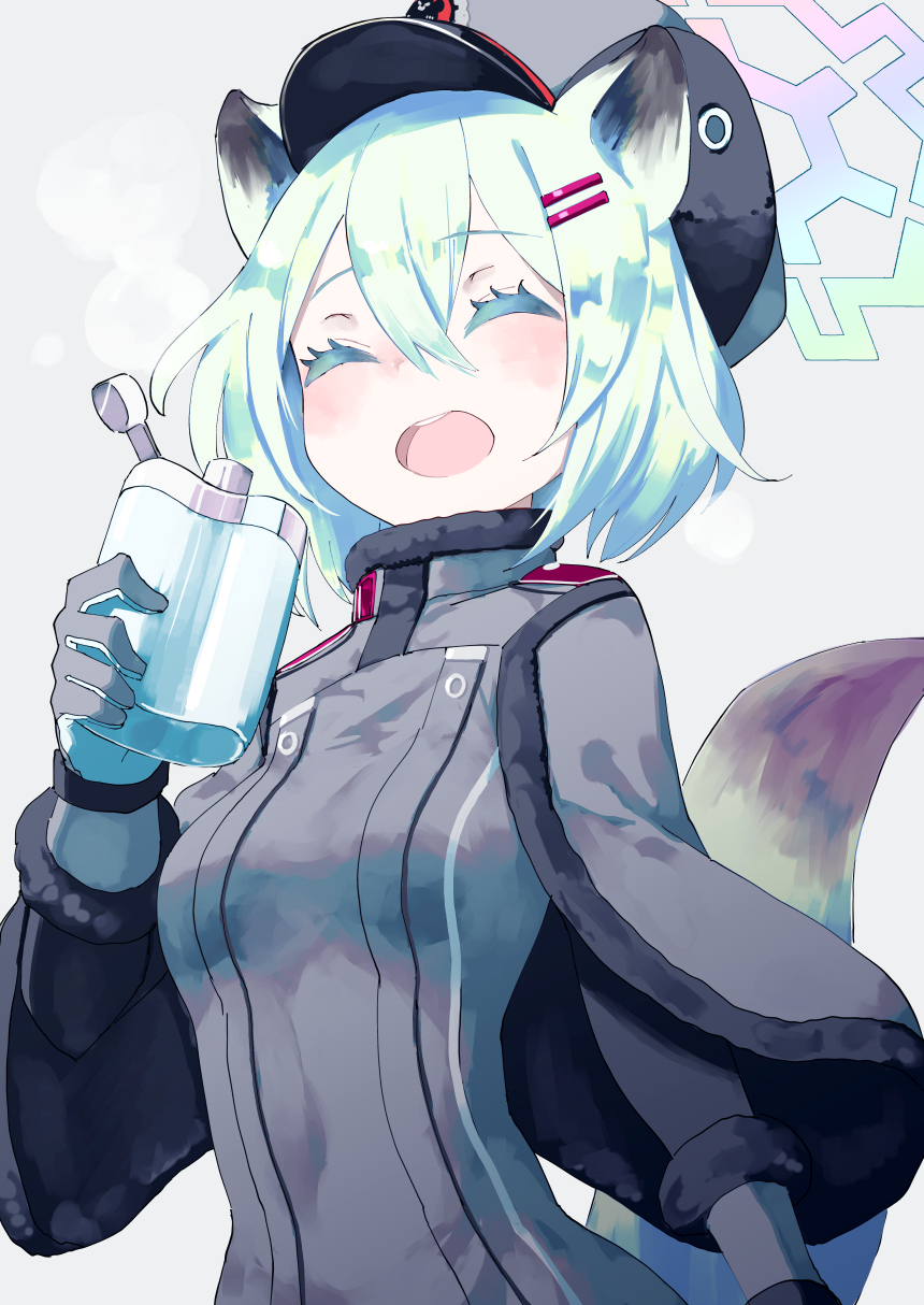 1girl animal_ears blue_archive capelet closed_eyes flask fur-trimmed_capelet fur_trim gloves green_hair grey_capelet grey_gloves grey_headwear hair_between_eyes hair_ornament hairclip halo highres hip_flask holding holding_flask light_blush long_sleeves mishima_hiroji open_mouth shigure_(blue_archive) short_hair simple_background smile solo tail two-tone_gloves upper_body white_background