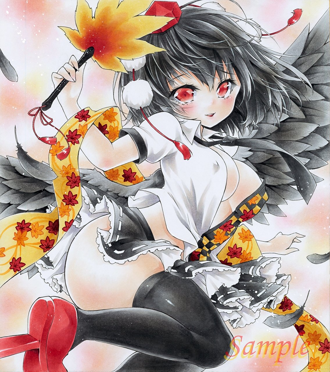 1girl :d arim0k0 bird_wings black_feathers black_hair black_skirt black_thighhighs black_wings breasts cleavage feathers frilled_skirt frills geta hand_fan hat hauchiwa highres holding holding_fan large_breasts leaf-pattern_stripe marker_(medium) open_clothes open_mouth open_shirt pom_pom_(clothes) red_eyes red_footwear red_headwear ribbon-trimmed_skirt ribbon_trim sample_watermark shameimaru_aya shirt short_hair short_sleeves skirt smile solo tengu-geta thighhighs tokin_hat touhou traditional_media white_shirt wings
