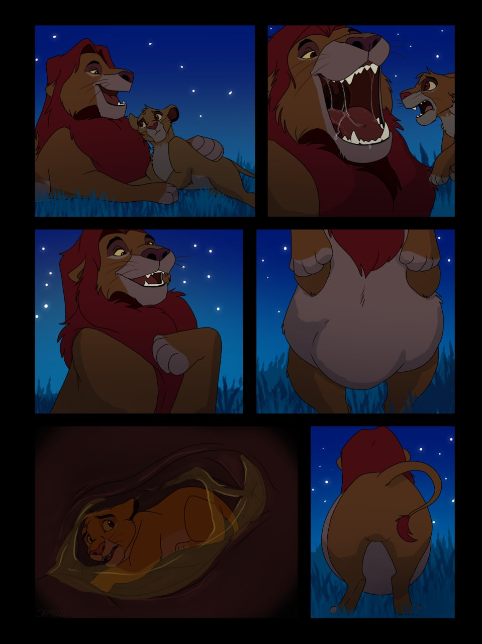 abdominal_bulge belly big_belly chubbyjam comic disney duo father father_and_child father_and_son father_pred felid feral hi_res internal lion male male/male mammal mufasa oral_vore organs pantherine parent parent_and_child simba son son_prey stomach the_lion_king vore