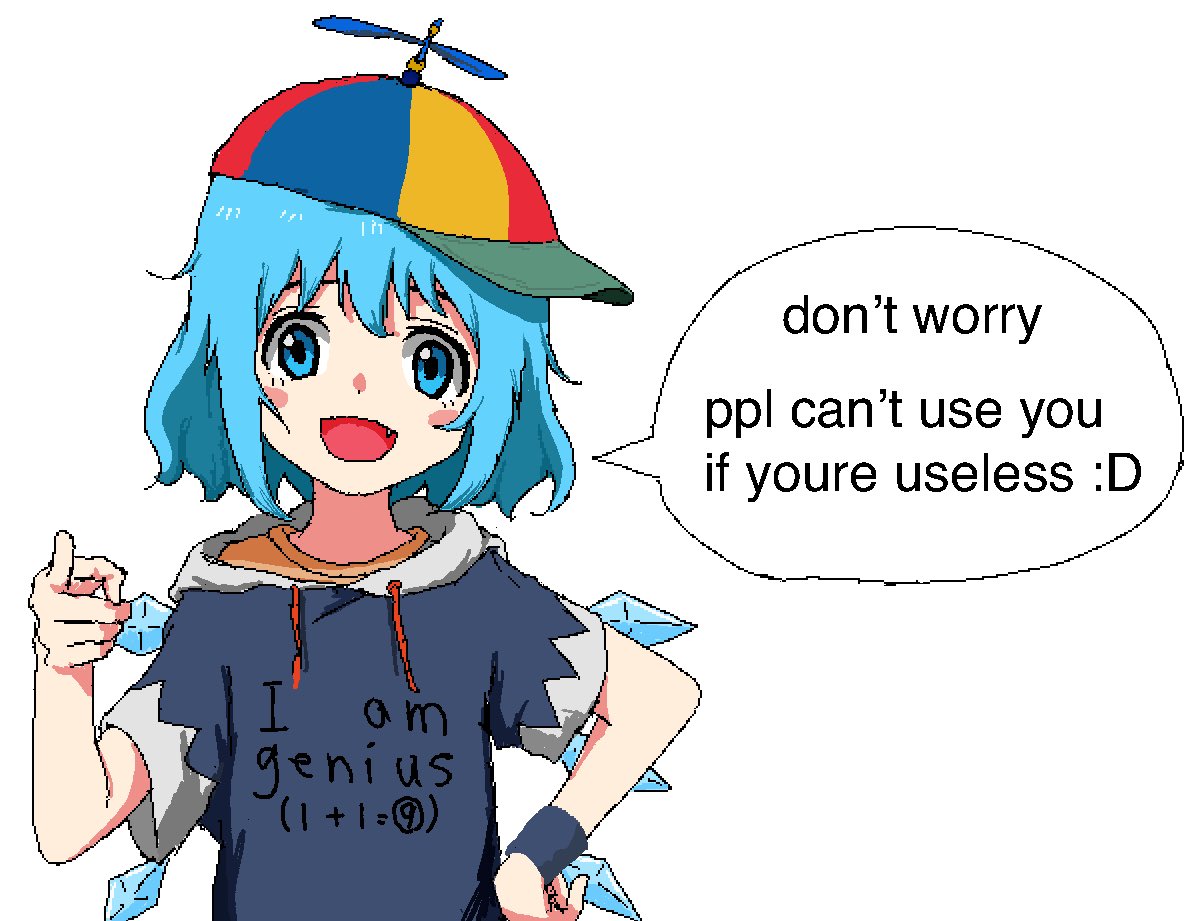 1girl :d adapted_costume aiu404l blue_eyes blue_hair blue_hoodie circled_9 cirno drawstring english_text fang flat_chest hood hoodie ice ice_wings looking_at_viewer meme pixel_art pointing pointing_at_viewer propeller_hat short_hair smile touhou truth upper_body wings wristband