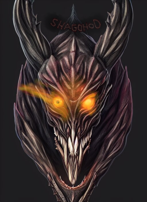 bloodshot_eyes demon evil_grin exoskeleton glowing glowing_eyes horn humanoid male mythology sharp_teeth smile solo teeth wolf_shagohod