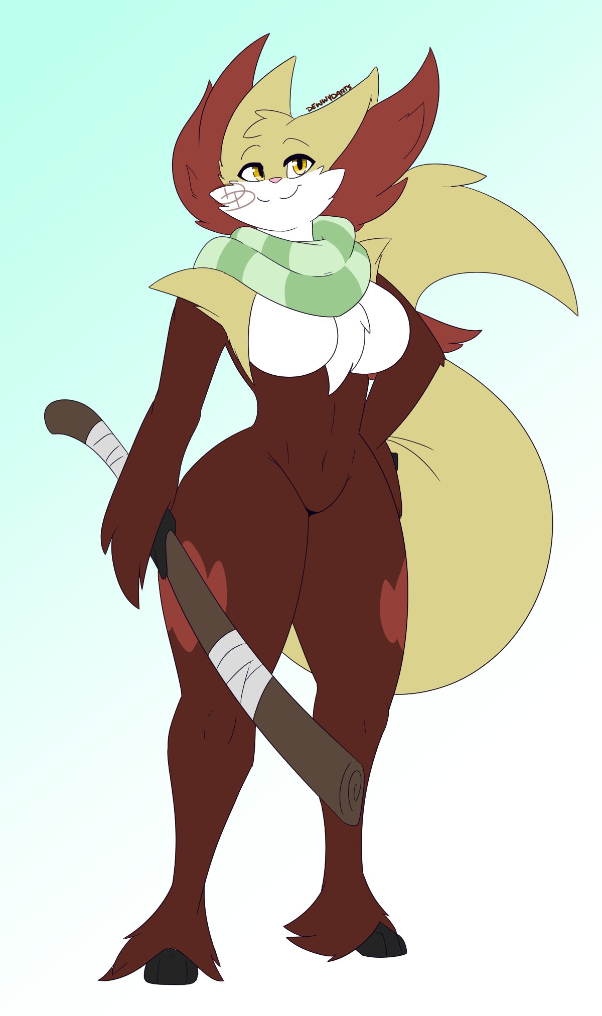 2020 3_toes anthro big_breasts black_body black_fur breasts cheek_tuft chest_tuft delphox dewwydarts facial_tuft featureless_breasts featureless_crotch feet female fluffy fluffy_tail fur generation_6_pokemon gradient_background green_scarf hi_res holding_object holding_stick maggie_(dewwydarts) multicolored_body multicolored_fur nintendo pink_nose pokemon pokemon_(species) red_body red_fur scarf shoulder_tuft simple_background smile solo standing stick thick_thighs toes tuft video_games white_body white_fur yellow_body yellow_eyes yellow_fur