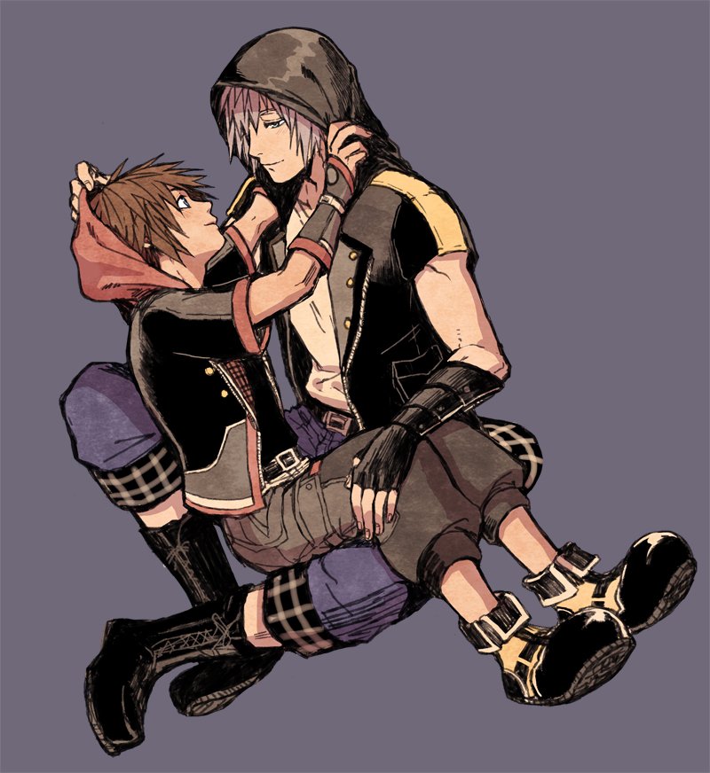 2boys adjusting_another's_clothes arms_around_neck black_footwear black_gloves blue_pants boots brown_hair fingerless_gloves full_body gloves grey_background grey_hair grey_pants hair_between_eyes half-closed_eyes hood hood_up hooded_jacket jacket kingdom_hearts kingdom_hearts_iii looking_at_another male_focus multiple_boys owlforkh pants plaid riku_(kingdom_hearts) shirt short_hair short_sleeves sitting sitting_on_lap sitting_on_person smile sora_(kingdom_hearts) white_shirt yaoi