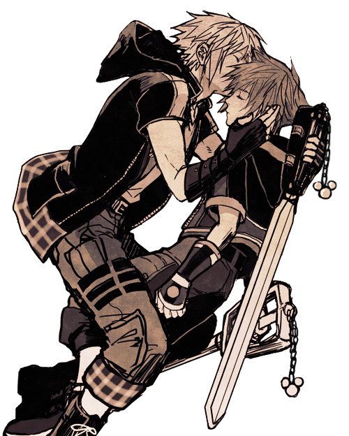 2boys black_jacket boots closed_eyes feet_out_of_frame fingerless_gloves gloves hair_between_eyes hand_in_another's_hair holding holding_weapon hood hood_down hooded_jacket jacket keyblade kingdom_hearts kingdom_hearts_iii kissing_hair male_focus multiple_boys owlforkh pants pants_rolled_up plaid plaid_skirt riku_(kingdom_hearts) sepia short_hair short_sleeves skirt sora_(kingdom_hearts) weapon white_background yaoi