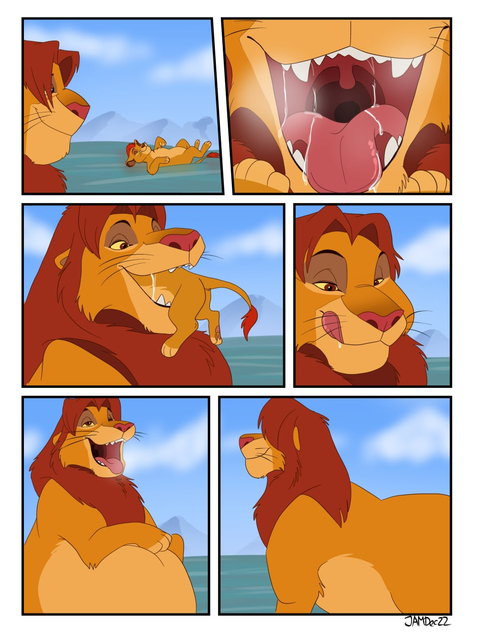 abdominal_bulge belly big_belly bodily_fluids chubbyjam comic disney drooling duo father father_and_child father_and_son felid feral hi_res kion licking licking_lips lion male male/male mammal open_mouth oral_vore pantherine parent parent_and_child saliva simba son the_lion_guard the_lion_king tongue tongue_out vore