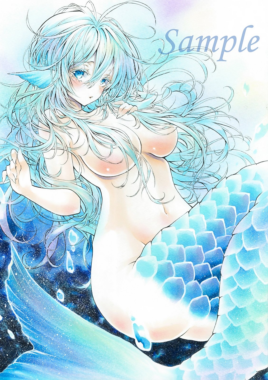 1girl arim0k0 ass blue_eyes blue_hair breasts convenient_censoring hair_censor head_fins highres large_breasts long_hair looking_at_viewer marker_(medium) mermaid monster_girl navel nude open_mouth original sample_watermark solo traditional_media