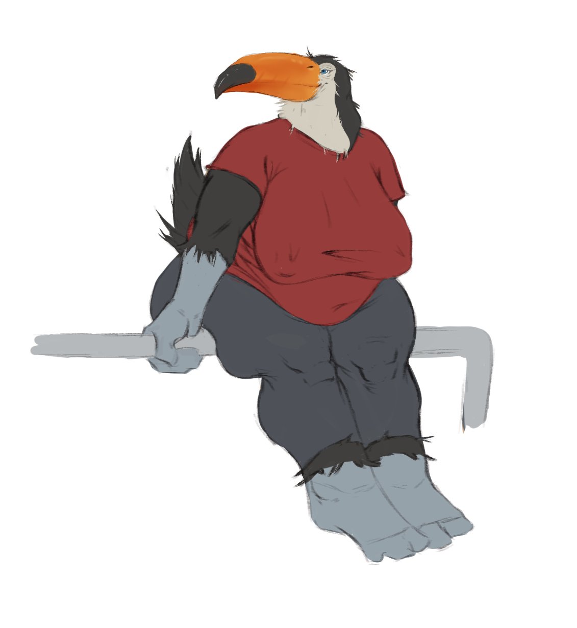 anthro avian beak belly big_belly big_breasts bird black_beak black_body black_fur blue_eyes bottomwear breasts clothed clothing female full-length_portrait fur grey_bottomwear grey_clothing grey_pants hi_res mouth_closed nipple_outline orange_beak overweight overweight_anthro overweight_female pants portrait ramphastos red_clothing red_shirt red_t-shirt red_topwear shirt simple_background sitting solo t-shirt three-quarter_view toco_toucan topwear toucan two_tone_beak unsigned upai white_background white_body white_fur