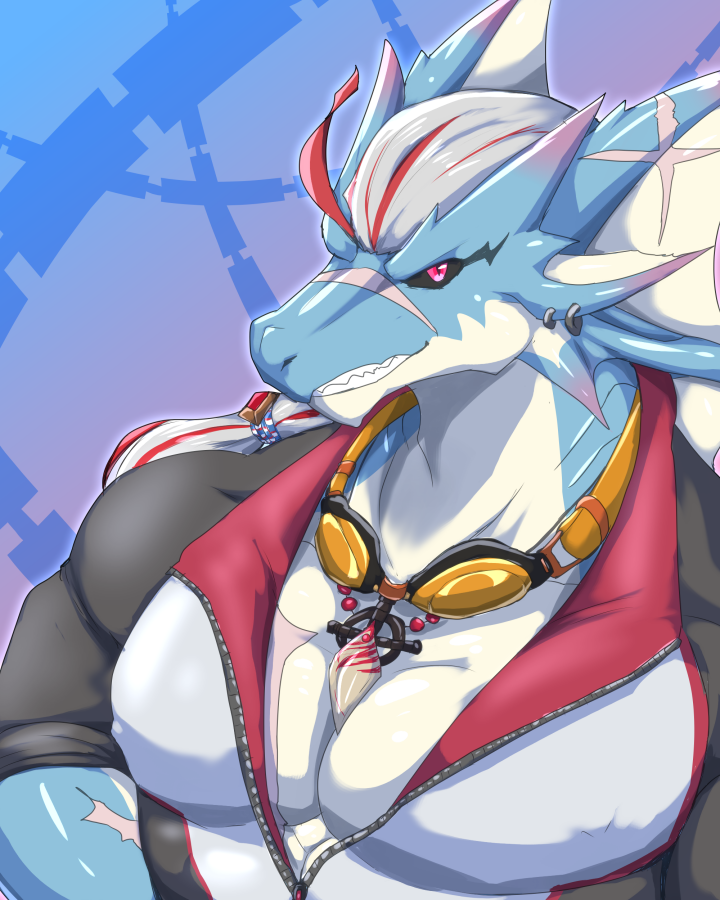 anthro black_sclera dragon hair hydoor jyabaryu lifewonders live-a-hero male muscular muscular_anthro muscular_male pecs red_eyes smile solo video_games white_hair