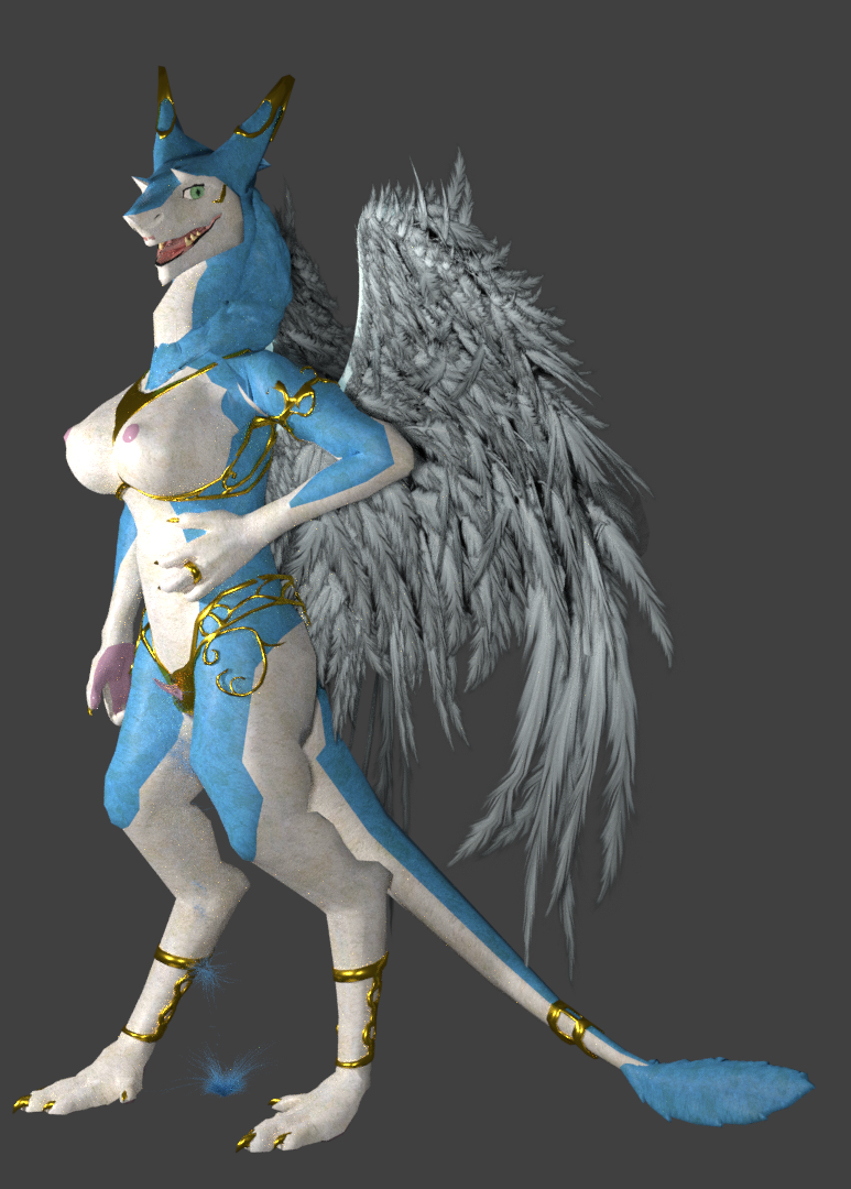 3d_(artwork) andromorph anthro blender_(software) blue_body blue_fur digital_media_(artwork) feathered_wings feathers female fur gold_(metal) gold_bra gold_chastity_device gold_clothing gold_jewelry green_eyes intersex jewelry kate_(morpheuskibbe) model predator111x sergal solo wings