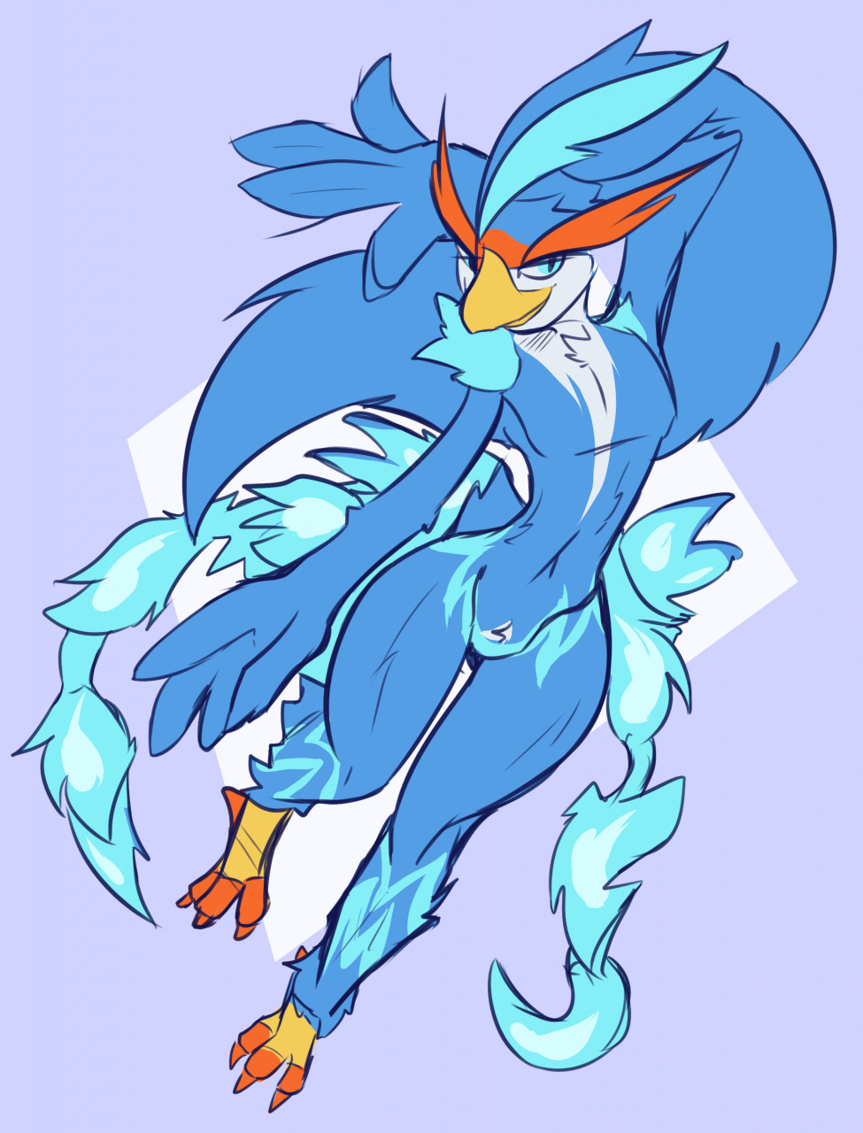 anthro avian bird bird_feet blue_body blue_eyes blue_feathers dima_(artist) eyebrows feathered_wings feathers featureless_crotch hand_behind_head head_feathers hi_res long_eyebrows male nude pose quaquaval solo tail_feathers winged_arms wings