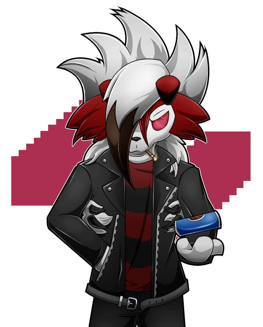 aggressive_retsuko anthro beverage_can canid canine cigarette clothing cosplay crossover crossover_cosplay dusky_fox fur generation_7_pokemon haida jacket leather leather_clothing leather_jacket leather_topwear lycanroc male mammal midnight_lycanroc multicolored_body multicolored_fur nintendo pattern_clothing pokemon pokemon_(species) red_body red_fur sanrio smoking solo striped_clothing stripes topwear video_games white_body white_fur