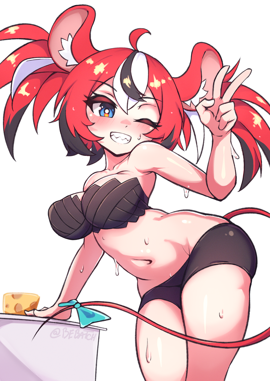 animal_humanoid bebatch big_breasts blush breasts female gesture hair hi_res humanoid mammal mammal_humanoid mouse_humanoid murid murid_humanoid murine murine_humanoid one_eye_closed red_hair rodent rodent_humanoid solo v_sign wet wet_body wink