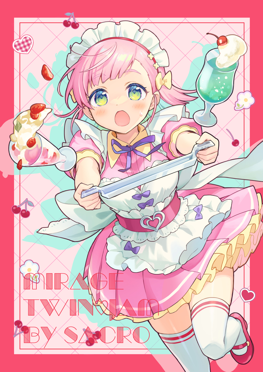 1girl apron aqua_eyes artist_name bangs belt blush border bow buckle cherry clumsy collared_dress colorful commentary cup dress drink drinking_glass english_text falling food frilled_apron frilled_dress frills fruit gradient_eyes green_eyes grid_background hair_bow heart heart-shaped_buckle highres holding holding_tray ice_cream looking_ahead maid maid_apron maid_headdress multicolored_background multicolored_eyes neck_ribbon open_mouth original outside_border petticoat pink_border pink_dress pink_footwear pink_hair puffy_short_sleeves puffy_sleeves purple_bow purple_ribbon red_footwear ribbon sakuro shadow short_hair short_sleeves sleeve_cuffs socks solo spilling strawberry tray walking white_apron white_headdress white_socks yellow_belt yellow_bow yellow_collar yellow_eyes
