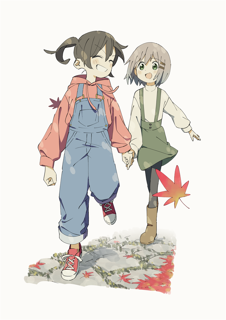 2girls :d ^_^ arms_at_sides autumn_leaves black_pantyhose blue_overalls blue_pants blush bob_cut brown_footwear brown_hair clenched_hand closed_eyes cross-laced_footwear dappled_sunlight denim dot_nose drawstring facing_to_the_side floating_hair full_body green_eyes green_skirt grey_background grey_hair grin hair_between_eyes hair_ornament hairclip happy high-waist_skirt high_collar highres holding_hands hood hood_down hoodie kuraue_hinata leaf leg_up long_sleeves looking_ahead looking_at_another maple_leaf multiple_girls no_socks open_mouth outdoors overalls pants pants_rolled_up pantyhose pavement poyozoo_(poyozoz) puffy_long_sleeves puffy_sleeves red_footwear red_hoodie shirt_tucked_in shoelaces shoes short_hair short_twintails skirt smile sneakers standing sunlight suspender_skirt suspenders tareme teeth turtleneck twintails v-shaped_eyebrows walking yama_no_susume yukimura_aoi