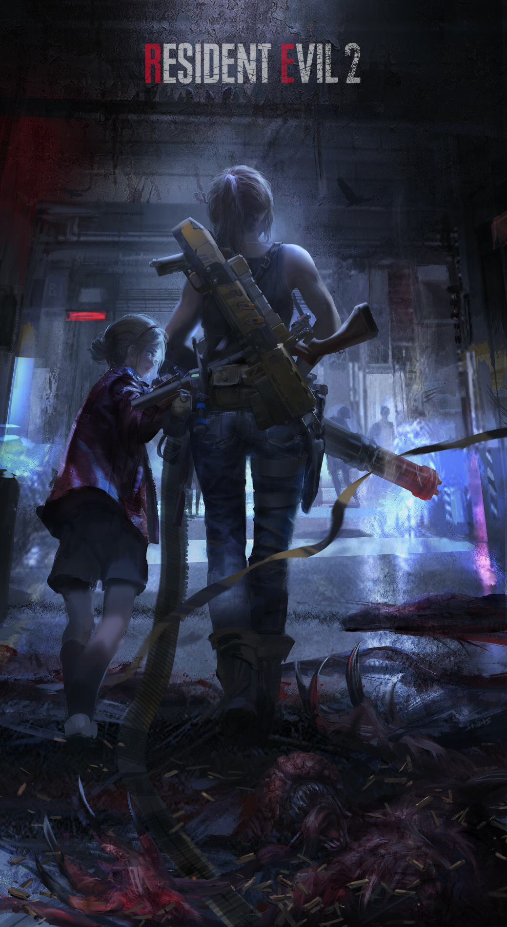 2girls bare_shoulders bird blood boots camisole claire_redfield corpse denim facing_away female_child from_behind glowing glowing_weapon grenade_launcher gun hair_bun height_difference high_ponytail highres jacket jeans licker_(resident_evil) long_hair long_sleeves looking_back multiple_girls pants resident_evil resident_evil_2 resident_evil_2_(remake) sherry_birkin shorts silhouette single_hair_bun smoke stu_dts walking weapon weapon_on_back