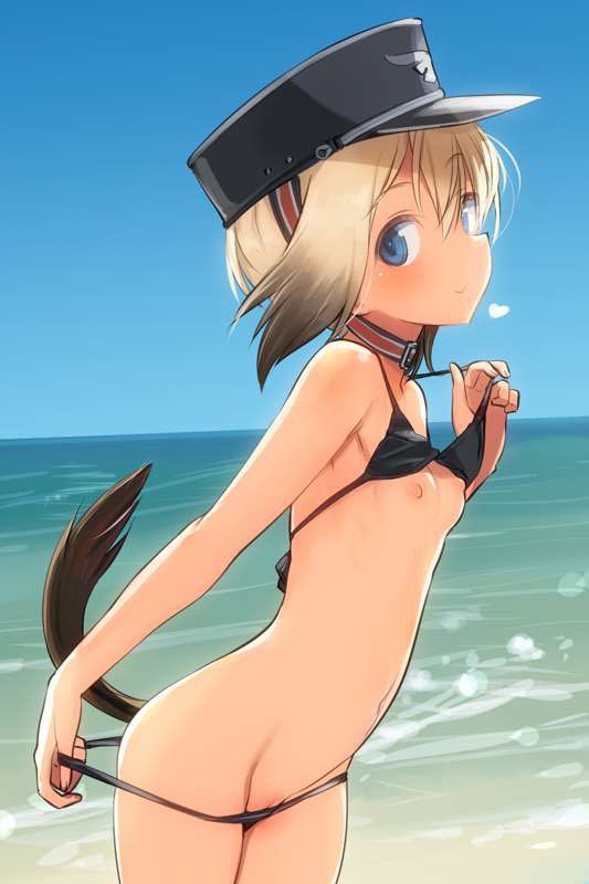 501st_joint_fighter_wing beach bikini blonde_hair blue_eyes breasts clothes_lift erica_hartmann heart looking_at_viewer nipples non-web_source official_art pants_partially_removed shimada_fumikane shirt_lift short_hair small_breasts smile strike_witches swimsuit tail world_witches_series
