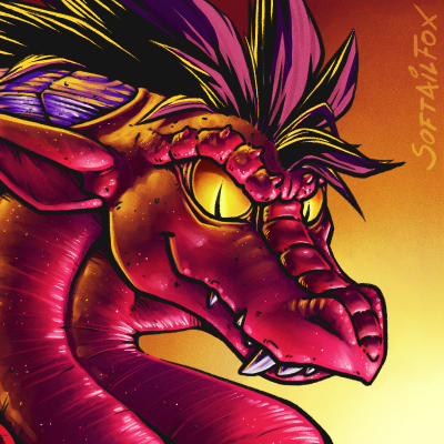 big_eyes bust_portrait dragon ears_back glaring_at_viewer glowing glowing_eyes head_hair horn low_res pfp pivoted_ears portrait red_body red_dragon red_scales scales scalie shaded sharp_teeth simple_background softailfox teeth yellow_eyes