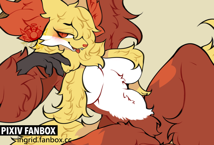 1girl animal_ear_fluff animal_ears arm_support artist_logo black_fur blush breasts breasts_apart covered_nipples delphox fanbox_username fangs feet_out_of_frame fox_ears fox_tail furry furry_female hair_over_one_eye hand_up huge_breasts looking_at_viewer multicolored_fur open_mouth orange_eyes orange_fur pokemon pokemon_(creature) red_fur red_nose simple_background slit_pupils snout snowangel_(artist) solo spread_legs stick tail tongue tongue_out tsurime watermark web_address white_fur yellow_background yellow_fur