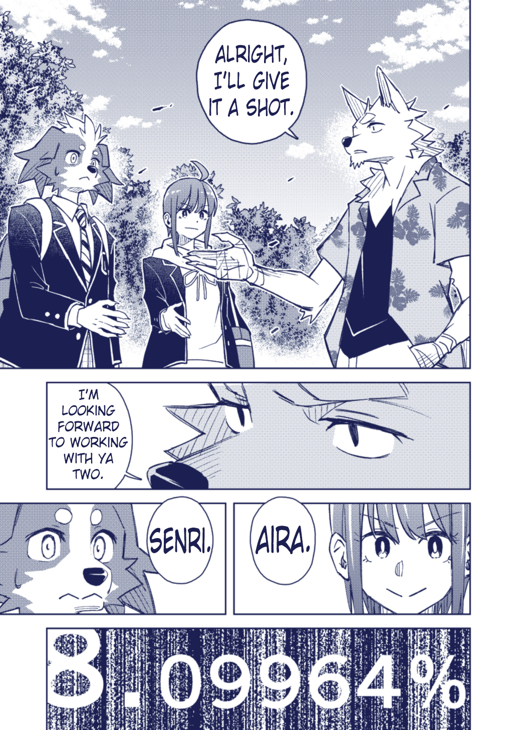 agreement aira_kokonatsu anthro canid canine canis clothed clothing comic domestic_dog english_text female gen_kiryu group hi_res human male mammal monochrome outstretched_arm outstretched_hand popwitter_ox senri_ooedo smile text translated trio uniform wolf