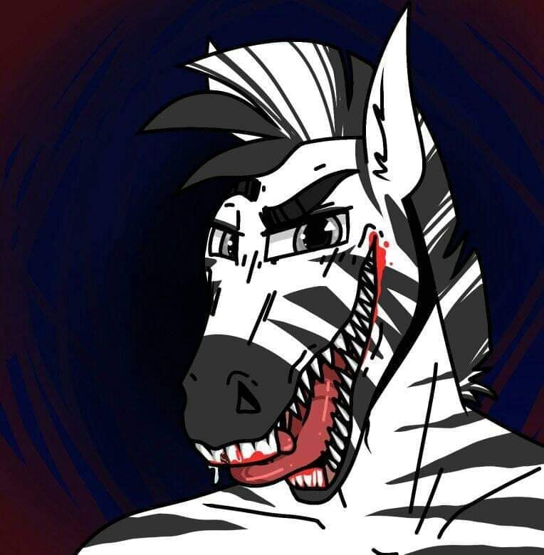 anthro blood blood_on_mouth bodily_fluids equid equine hezio_copper male mammal mika_cobblepot sharp_teeth solo teeth unhinged_jaw zebra