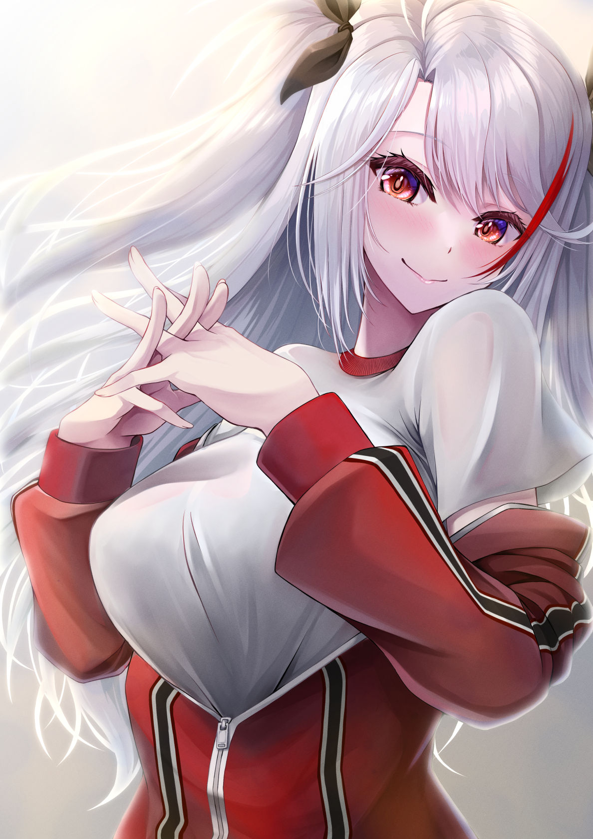 1girl azur_lane black_bow bow breasts gekato grey_hair gym_uniform hair_bow highres interlocked_fingers jacket large_breasts long_hair multicolored_hair partially_unzipped prinz_eugen_(azur_lane) red_eyes red_jacket shirt smile solo streaked_hair track_jacket white_shirt