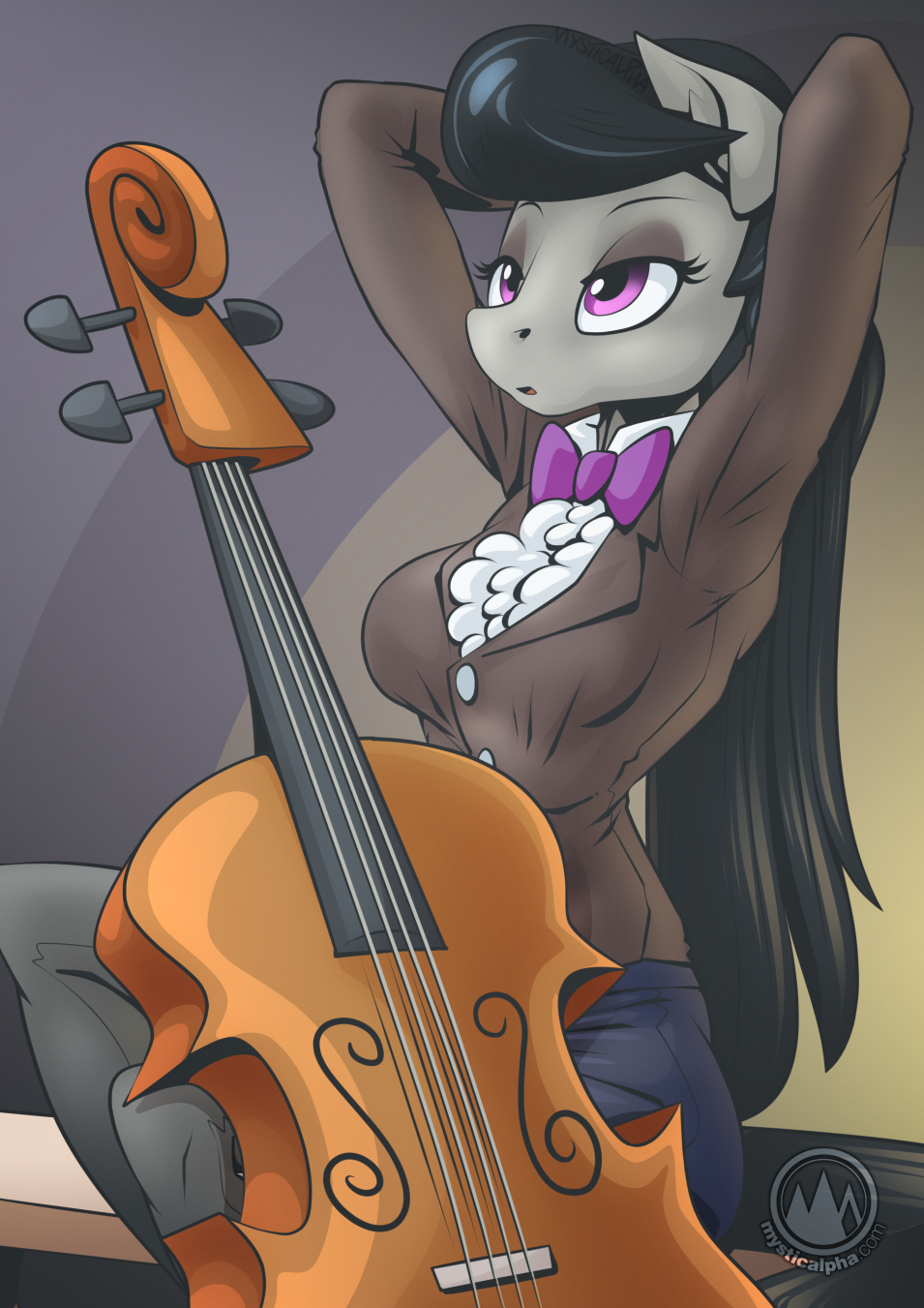 anthro anthrofied black_hair bottomwear bow_tie bowed_string_instrument cello clothing digital_media_(artwork) earth_pony equid equine female friendship_is_magic grey_body hair hands_behind_head hasbro hi_res horse long_hair mammal musical_instrument my_little_pony mysticalpha octavia_(mlp) open_mouth pony purple_eyes signature skirt solo string_instrument