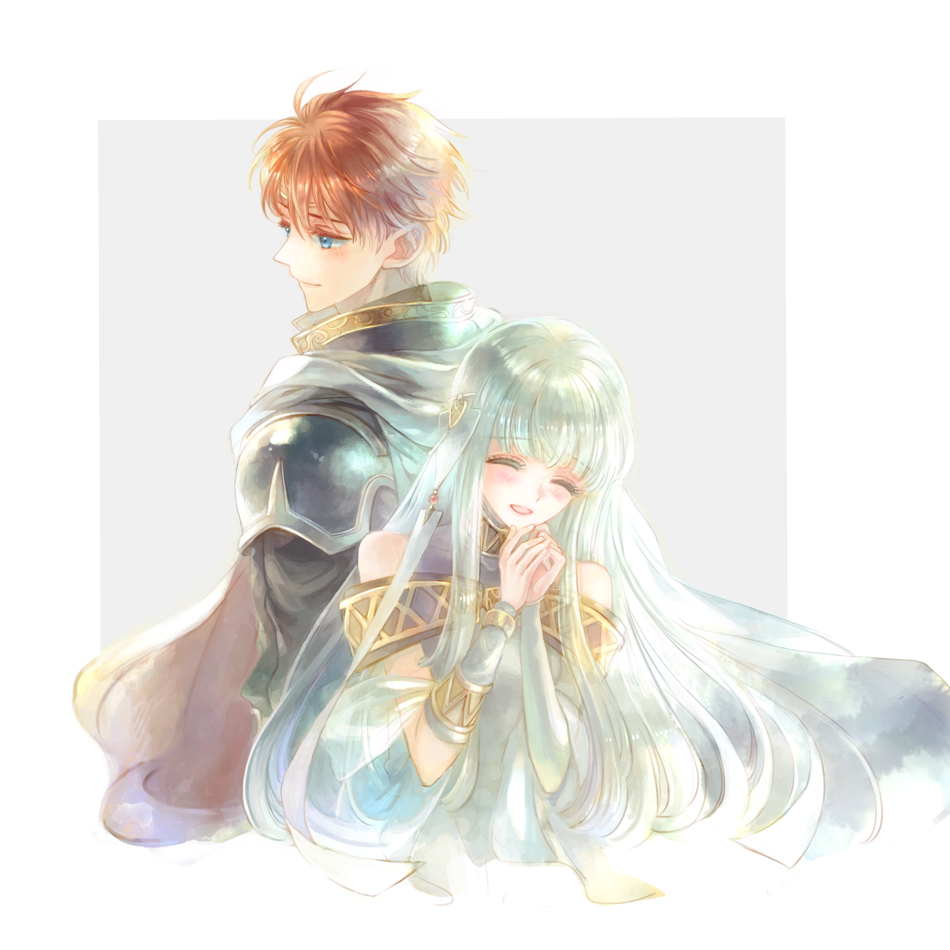 1boy 1girl back-to-back blue_armor blue_dress blue_eyes blue_hair cape closed_eyes dress eliwood_(fire_emblem) fire_emblem fire_emblem:_the_blazing_blade kuzumosu long_hair ninian_(fire_emblem) red_hair shawl smile upper_body