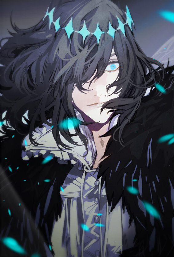 1boy amu_(nsk0) bangs black_hair blue_eyes closed_mouth collared_shirt crown diamond_hairband expressionless fate/grand_order fate_(series) frilled_shirt_collar frills fur_trim hair_over_one_eye looking_at_viewer male_focus medium_hair oberon_(fate) oberon_(third_ascension)_(fate) shirt solo spoilers upper_body white_shirt wide-eyed