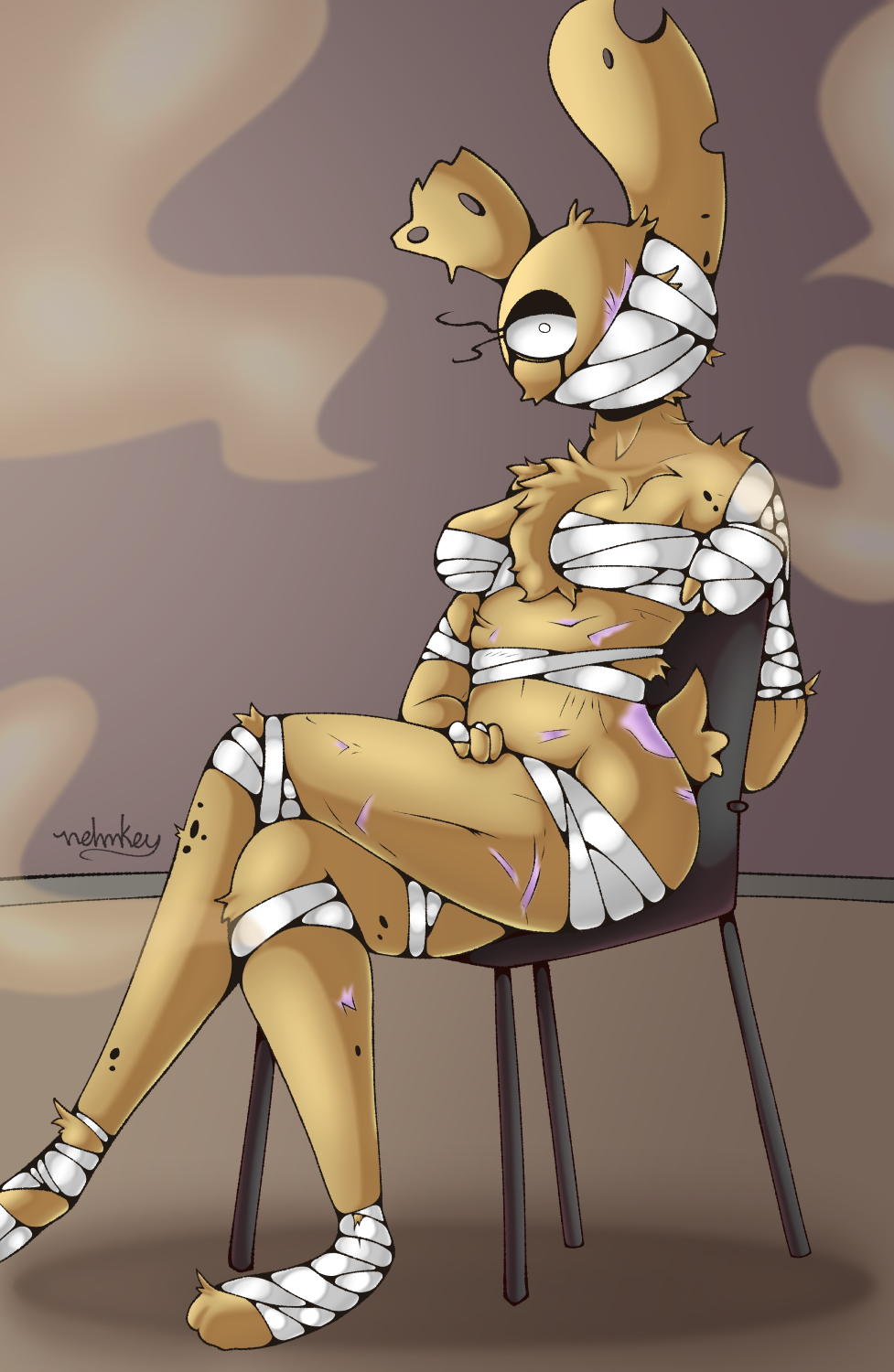 2022 alternate_species anthro april_marchand_may_(roommates) bandage biped breasts chair chest_tuft cleavage clothed clothing crossed_legs digital_media_(artwork) female five_nights_at_freddy's five_nights_at_freddy's_3 furniture hi_res lagomorph leporid looking_at_viewer mammal nehmkey rabbit roommates:motha scar scottgames sitting solo springtrap_(fnaf) the_weaver tuft video_games