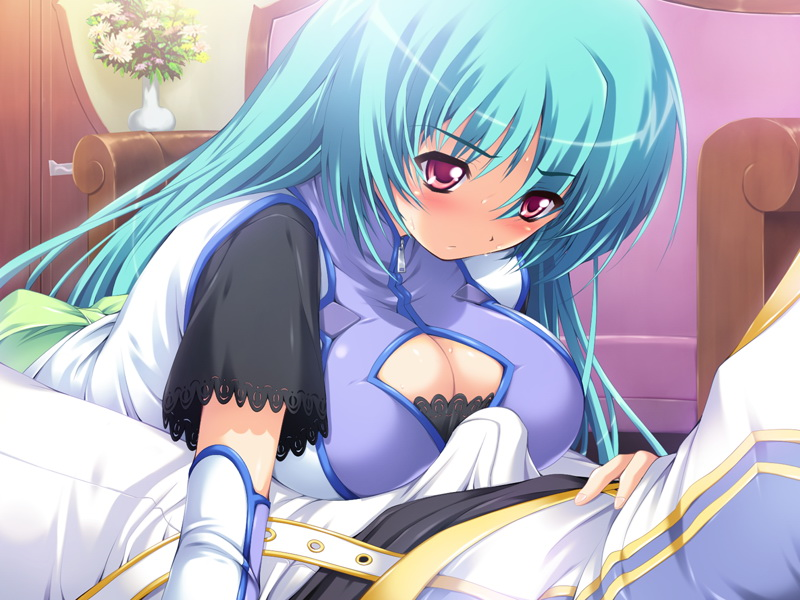 1boy 1girl blue_hair blush breasts cleavage detached erection girl_on_top green_hair large_breasts obligation otome_renshin_prister penis red_eyes sleeves