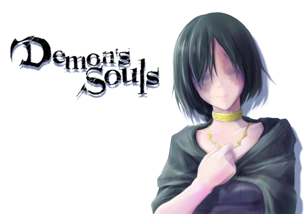 black_hair choker demon's_souls demon's_souls dress female from_software jewelry long_hair maiden_in_black necklace solo souls_(from_software) white_background zema