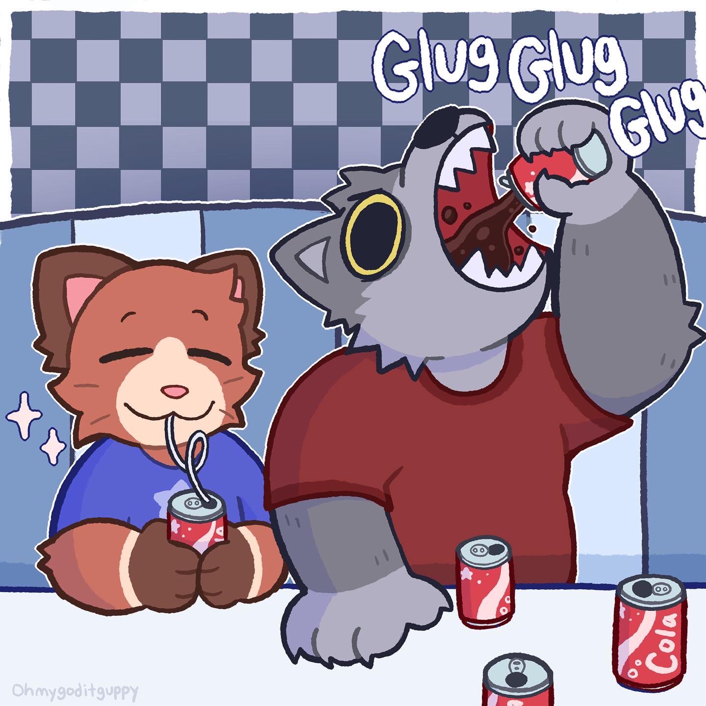 anthro beverage beverage_can black_eyes can canid canine canis clothing cola container curley_(ohmygoditguppy) domestic_cat drinking duo eyes_closed felid feline felis hi_res male mammal ohmygoditguppy onomatopoeia shirt silly_straw soda sound_effects t-shirt terry_(ohmygoditguppy) text topwear wolf
