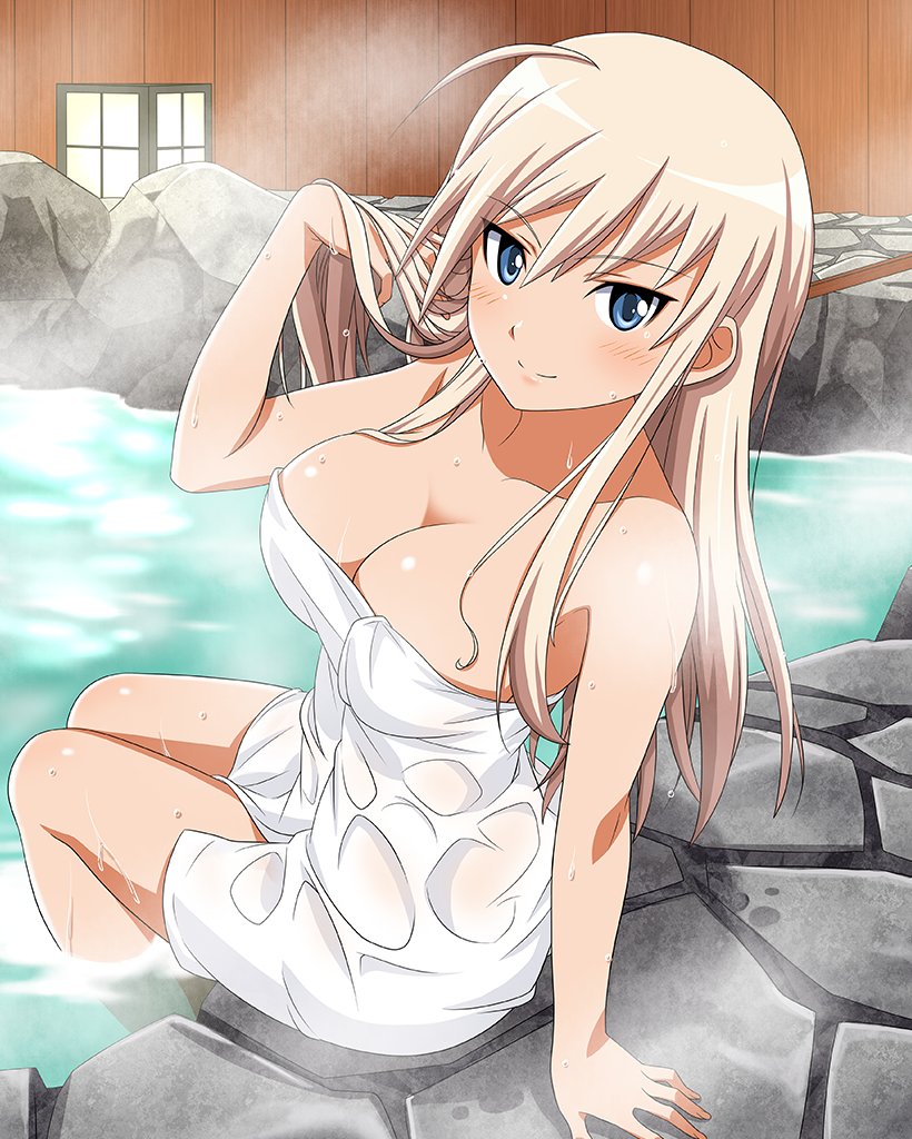 1girl artist_request blonde_hair blue_eyes blush breasts cleavage closed_mouth collarbone hanna-justina_marseille large_breasts long_hair looking_at_viewer naked_towel official_art onsen shiny shiny_hair sitting smile solo sweat towel world_witches_series