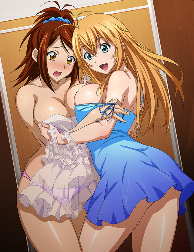 2girls :d bachou_mouki bangs bare_arms blonde_hair blue_dress blue_scrunchie blush breast_press breasts brown_eyes brown_hair cleavage clothes_pull cowboy_shot dress dress_pull embarrassed fang green_eyes hair_between_eyes hair_ornament hair_scrunchie high_ponytail ikkitousen large_breasts long_hair multiple_girls open_mouth panties pink_panties pulled_by_another scrunchie shiny shiny_hair shiny_skin short_dress shoulder_blades sideboob smile sonsaku_hakufu standing straight_hair topless underwear underwear_only yuri