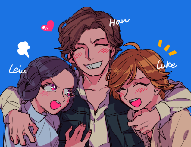 1girl 2boys blonde_hair blue_background blush brother_and_sister brown_hair character_name closed_eyes funny_risuuuu han_solo heart luke_skywalker multiple_boys princess_leia_organa_solo red_eyes siblings simple_background star_wars star_wars:_a_new_hope