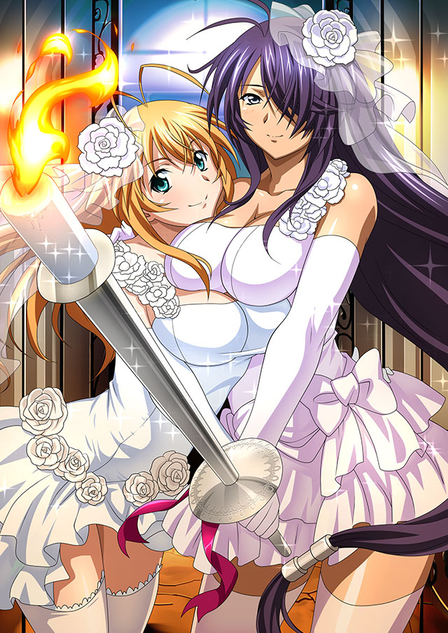 2girls absurdly_long_hair antenna_hair bangs blonde_hair breast_press breasts candle closed_mouth collarbone dress elbow_gloves floating_hair flower gloves green_eyes grey_eyes hair_between_eyes hair_flower hair_intakes hair_ornament hair_over_one_eye hand_on_another's_shoulder holding ikkitousen kan'u_unchou large_breasts layered_dress long_hair looking_at_viewer low-tied_long_hair multiple_girls purple_hair shiny shiny_hair shiny_skin short_dress sleeveless sleeveless_dress smile sonsaku_hakufu sparkle thighhighs very_long_hair wedding_dress white_dress white_flower white_gloves white_thighhighs wife_and_wife yuri zettai_ryouiki