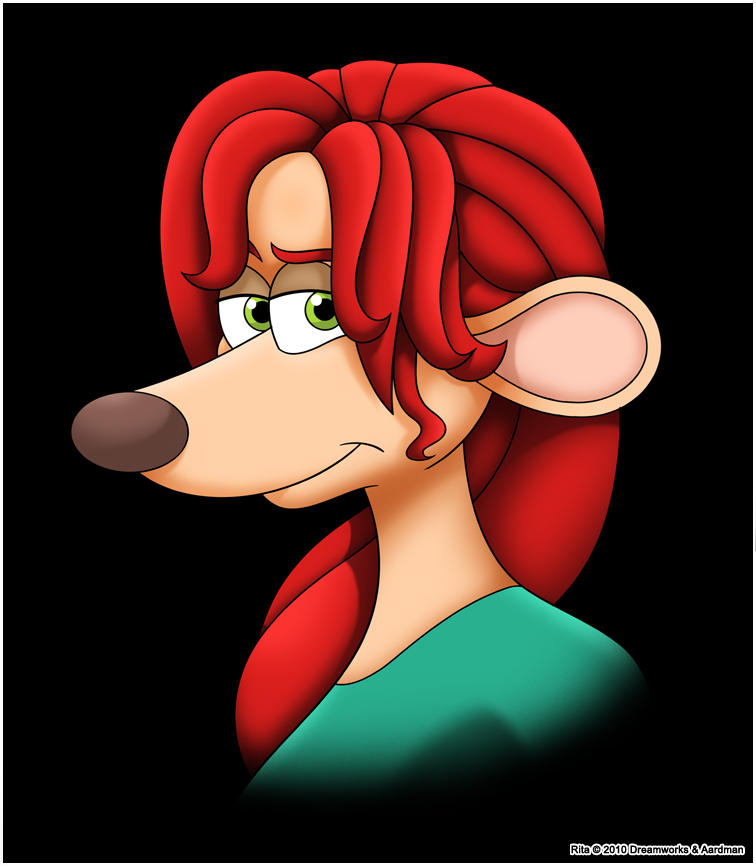 aardman_animations anthro black_background brown_nose clothing dreamworks english_text female flushed_away green_clothing green_eyes hair looking_aside looking_at_viewer mammal murid murine rat red_hair rita_malone rodent simple_background smile solo text verona7881 watermark