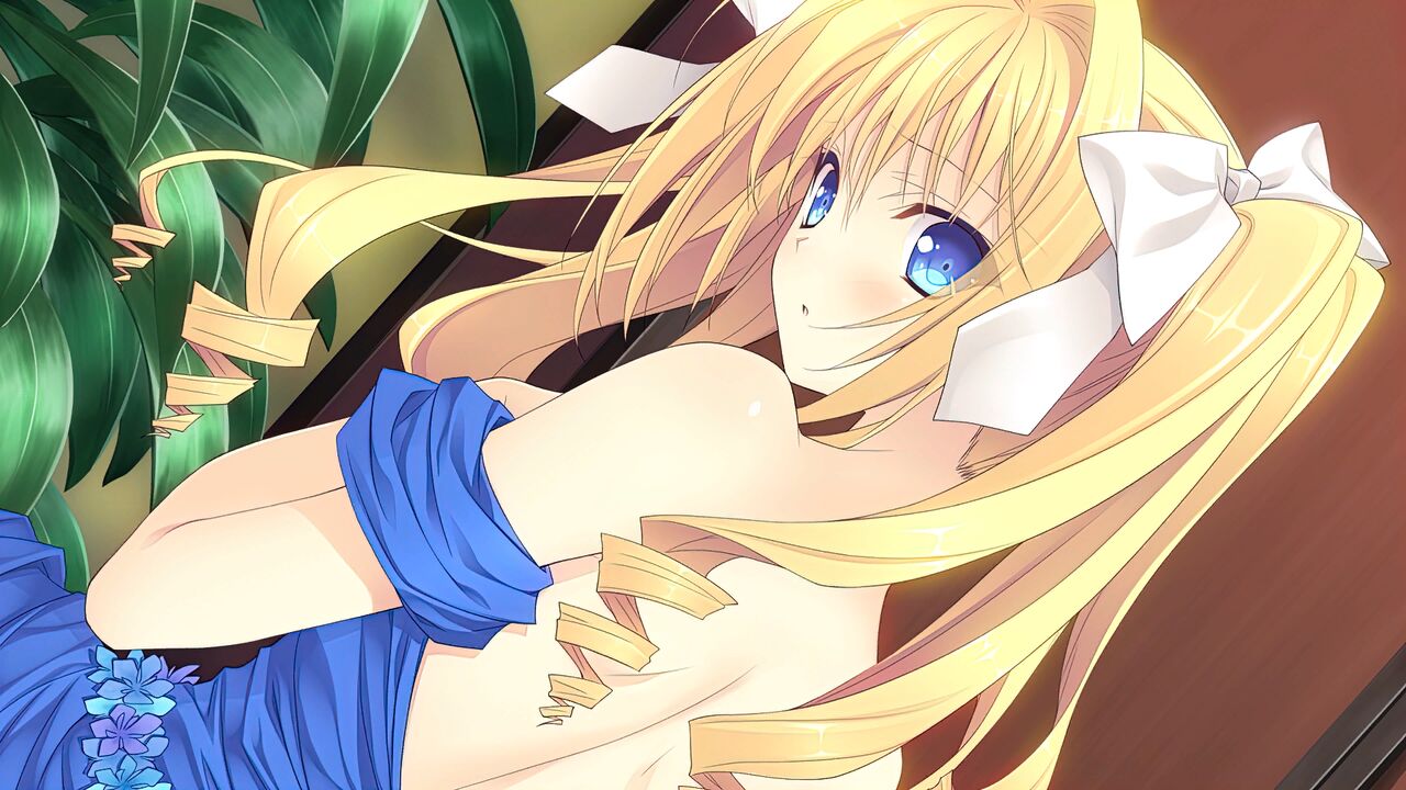 1girl bangs bare_shoulders blonde_hair blue_dress blue_eyes blush bow clothes_pull dress dress_pull drill_hair dutch_angle from_behind game_cg hair_between_eyes hair_bow indoors long_hair looking_back nishimata_aoi open_mouth shiny shiny_hair shiny_skin short_dress sleeveless sleeveless_dress solo suzuhira_hiro tsuki_ni_yorisou_otome_no_sahou upper_body ursule_fleur_jeanmaire white_bow