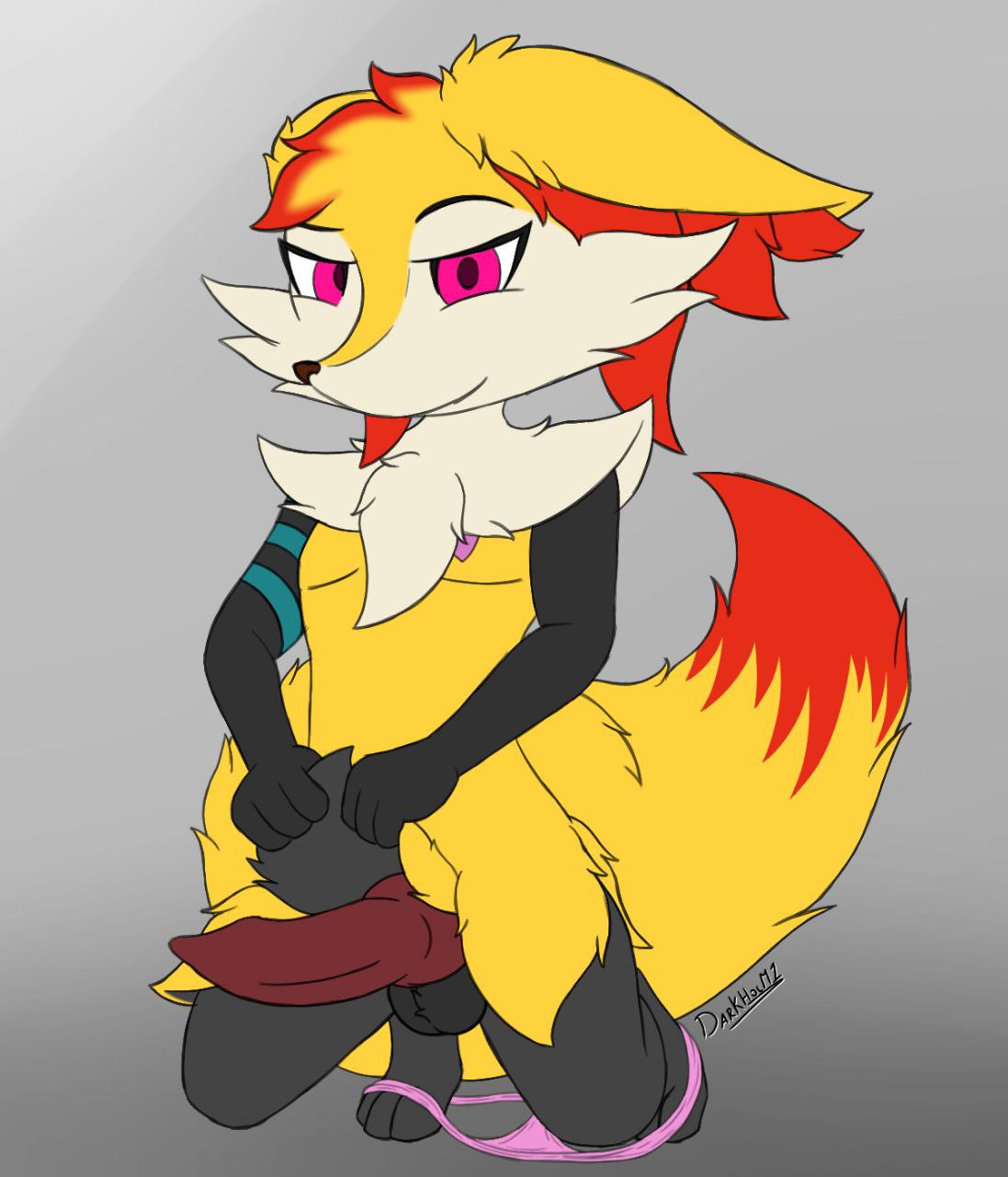 anthro balls braixen braxiss_(character) canid canine clothed clothing darkholm1 fox generation_6_pokemon genitals girly hi_res looking_at_viewer male mammal nintendo panties panties_down partially_clothed penis pokemon pokemon_(species) showing_penis smile solo underwear underwear_down video_games