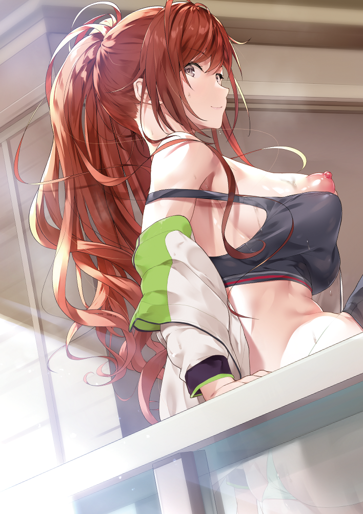 1girl arisugawa_natsuha bangs bare_shoulders blush breasts breasts_out grey_eyes grey_sports_bra homu_(seven_deadly_sins) idolmaster idolmaster_shiny_colors jacket large_breasts long_hair long_sleeves looking_at_viewer looking_back nipples off_shoulder open_clothes open_jacket orange_hair ponytail puffy_nipples sidelocks sitting smile solo sports_bra swept_bangs white_jacket