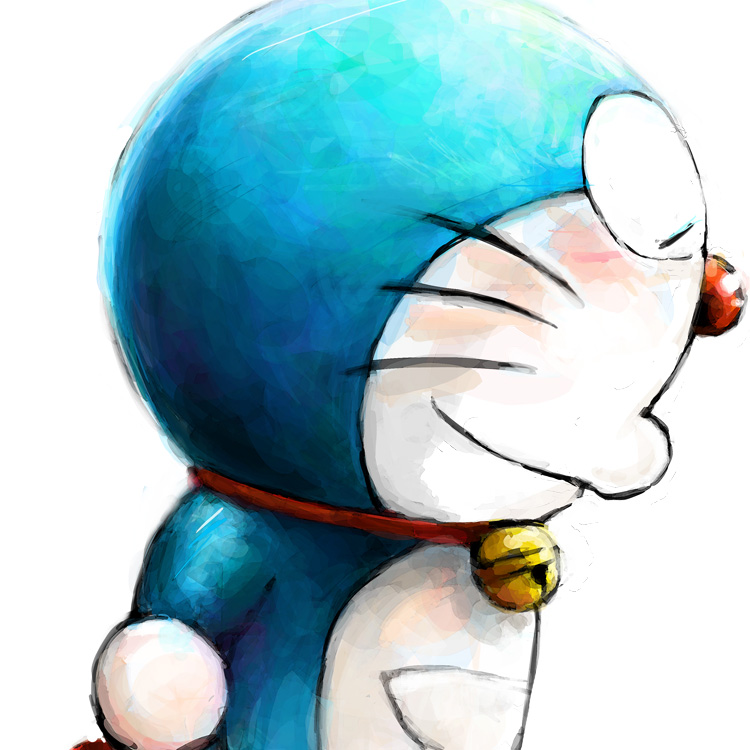 1:1 2016 anthro bell blue_body blue_fur collar domestic_cat doraemon doraemon_(character) eyes_closed felid feline felis fur machine male mammal mouth_closed mt_tg pouch_(anatomy) red_collar red_nose robot shaded side_view simple_background solo standing whiskers white_background white_body white_fur