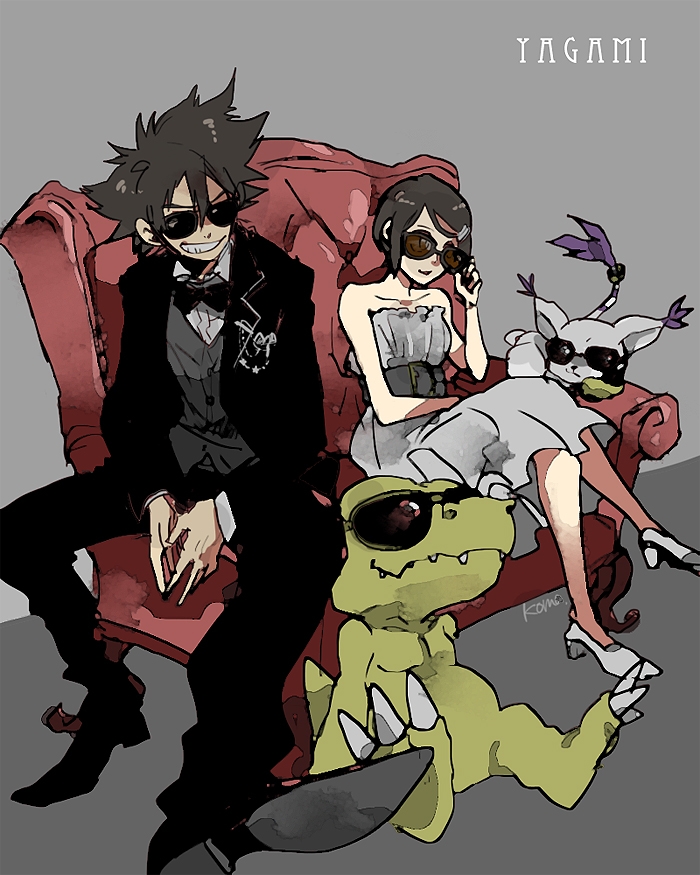 agumon black_bow bow brother_and_sister brown_hair couch digimon digimon_adventure_tri. dress formal grey_background grey_dress on_floor puppppy siblings simple_background sitting sunglasses tailmon yagami_hikari yagami_taichi