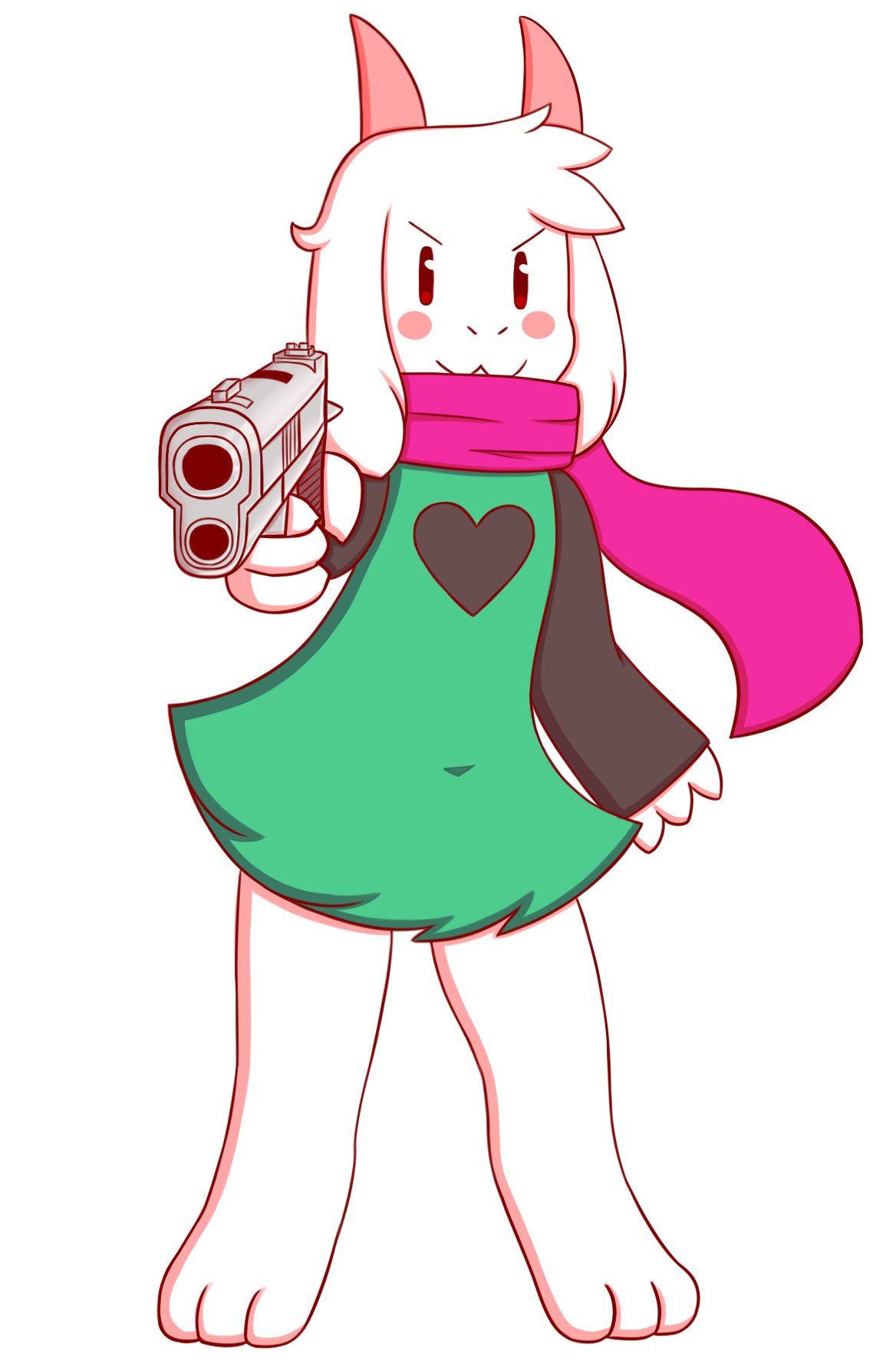 &gt;:3 &lt;3 anthro black_clothing blush bovid caprine chabooey clothing deltarune fur goat green_clothing gun hi_res horn male mammal pointing_gun_at_viewer ralsei ranged_weapon red_clothing scarf simple_background solo standing undertale_(series) video_games weapon white_background white_body white_fur
