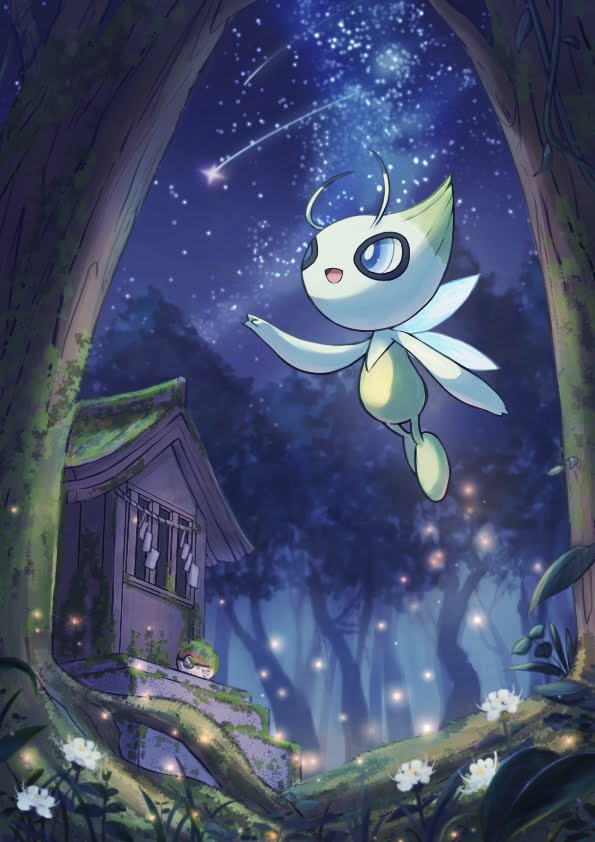 :d blue_eyes bright_pupils celebi commentary_request flower flying forest luna_mokamoka nature night night_sky no_humans open_mouth outdoors pokemon pokemon_(creature) shooting_star shrine sky smile solo star_(sky) tree white_pupils