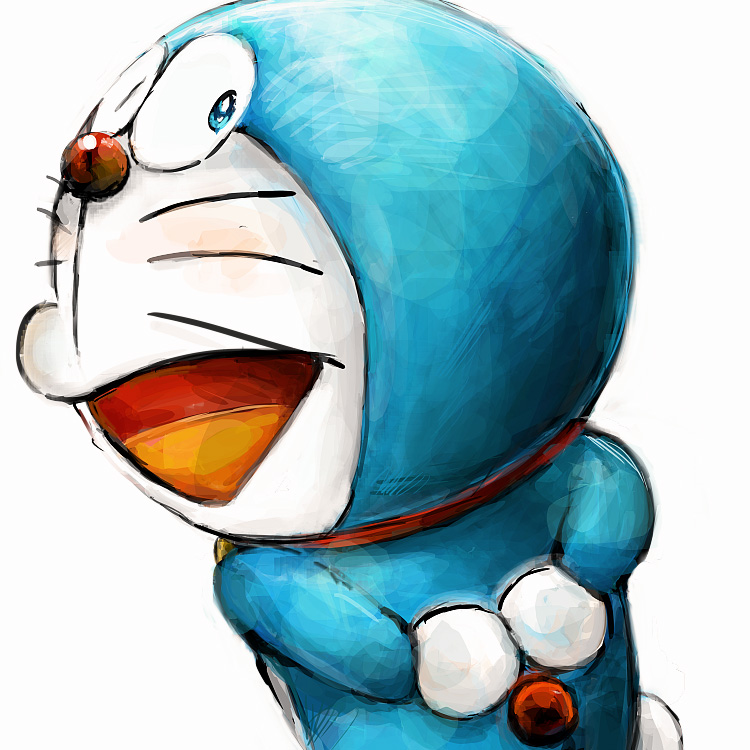 1:1 2016 anthro blue_body blue_fur collar domestic_cat doraemon doraemon_(character) felid feline felis fur hands_behind_back looking_at_viewer machine male mammal mt_tg open_mouth rear_view red_collar red_nose robot shaded simple_background solo standing tongue whiskers white_background white_body white_fur