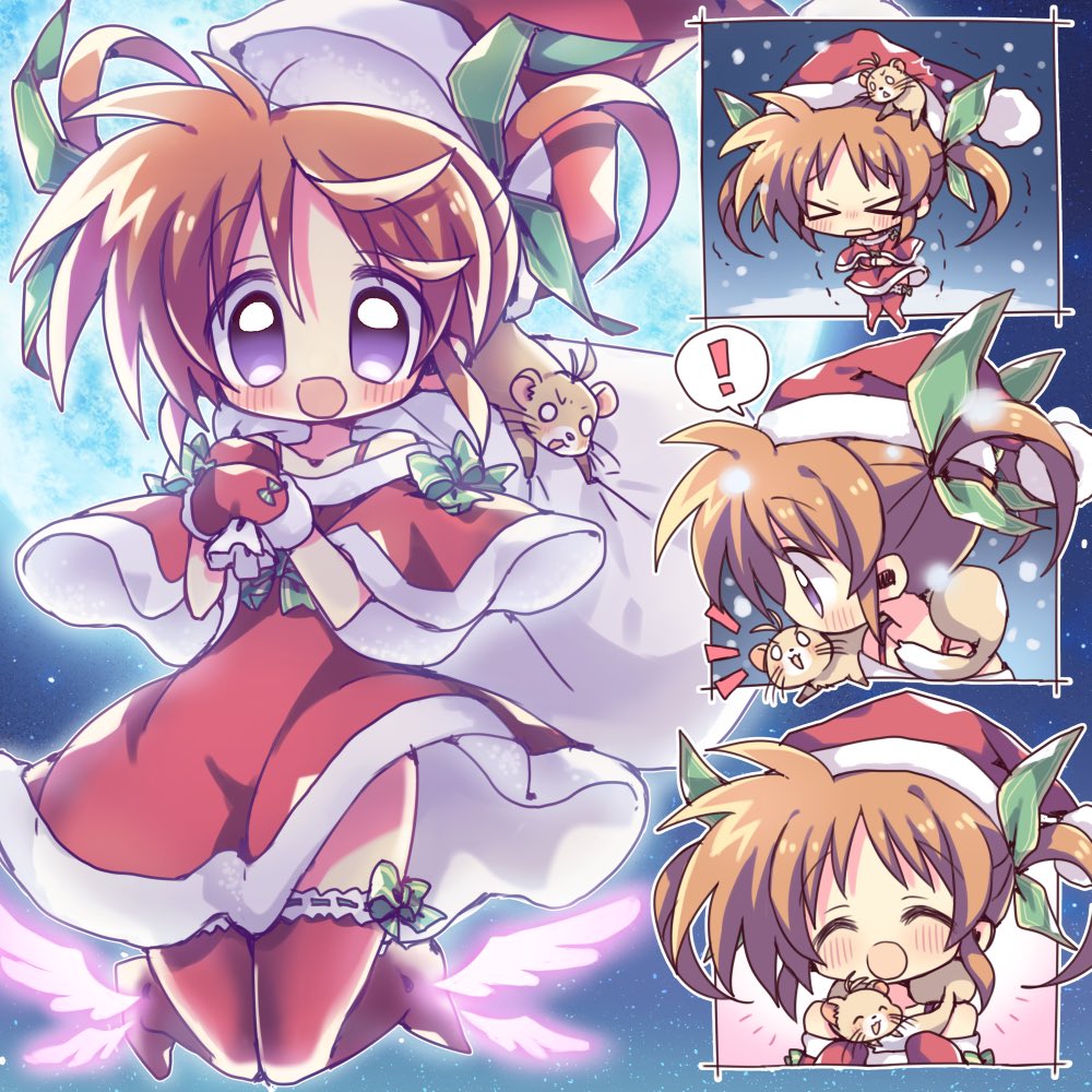 ! 1girl ^^^ animal animal_around_neck animal_on_head animal_on_shoulder bow_legwear brown_hair capelet christmas closed_eyes dress ferret floating foot_worship hair_ribbon hat holding holding_animal holding_sack kiba_yaeba lace-trimmed_thighhighs legs_up looking_at_viewer lyrical_nanoha mahou_shoujo_lyrical_nanoha medium_dress night notice_lines on_head open_mouth outdoors outside_border over_shoulder purple_eyes red_capelet red_dress red_headwear red_mittens red_thighhighs ribbon sack santa_dress santa_hat sky smile snowing spoken_exclamation_mark star_(sky) starry_sky takamachi_nanoha thighhighs trembling twintails yuuno_scrya