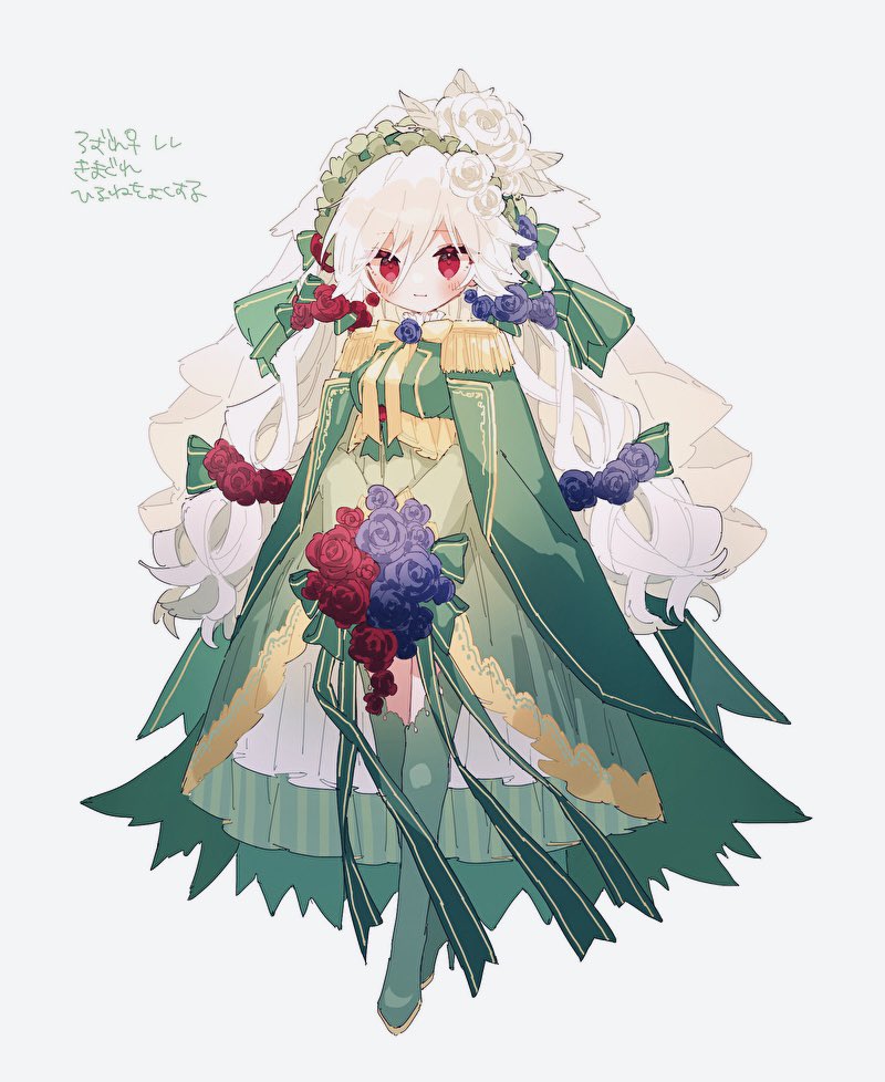 1girl blue_flower blue_rose blush boots bouquet bow cape dress epaulettes flower gold_trim green_bow green_cape green_dress green_footwear green_thighhighs hibi89 holding holding_bouquet looking_at_viewer low_twintails personification pokemon red_eyes red_flower red_rose rose roserade smile solo thigh_boots thighhighs twintails veil white_flower white_hair white_rose