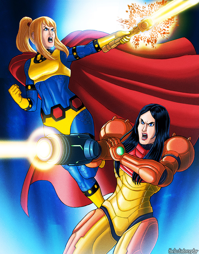 2girls angry arm_cannon armor battle big_barda black_hair blonde_hair blue_eyes breasts cape cosplay costume_switch crossover dc_comics energy energy_beam english_commentary firing gloves glowing justice_league lips long_hair mashup mecha metroid multiple_girls parody ponytail power_armor robot samus_aran science_fiction signature style_parody toned turbomiracle uniform weapon western_comics_(style)