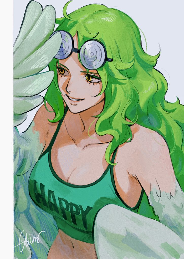 1girl adjusting_eyewear ahoge breasts cleavage clothes_writing coke-bottle_glasses collarbone commentary crop_top english_commentary eyelashes eyewear_on_head from_above glasses green_hair green_tank_top grey_background harpy lips long_hair looking_to_the_side medium_breasts midriff monet_(one_piece) monster_girl navel one_piece parted_lips roru_(lol_dessin) signature simple_background sleeveless smile solo tank_top upper_body wavy_hair winged_arms wings yellow_eyes